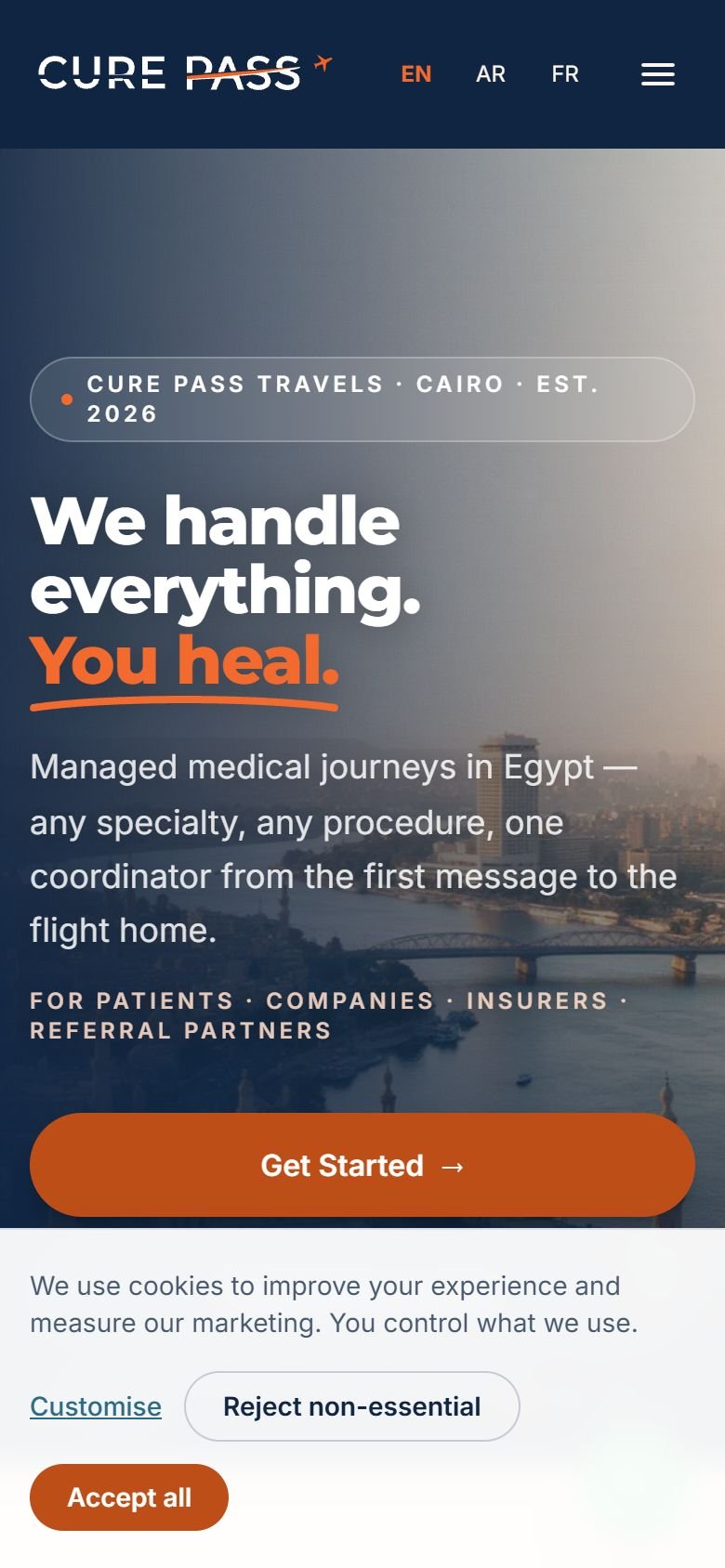 Cure Pass Travels' home page on a desktop screen — mobile view