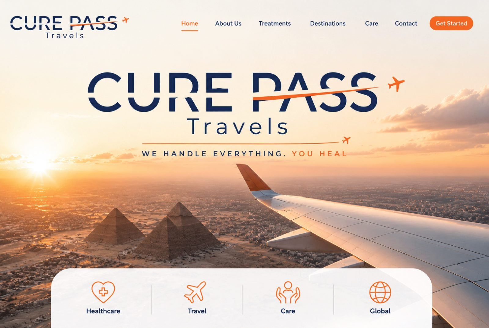 Cure Pass Travels bilingual website hero design
