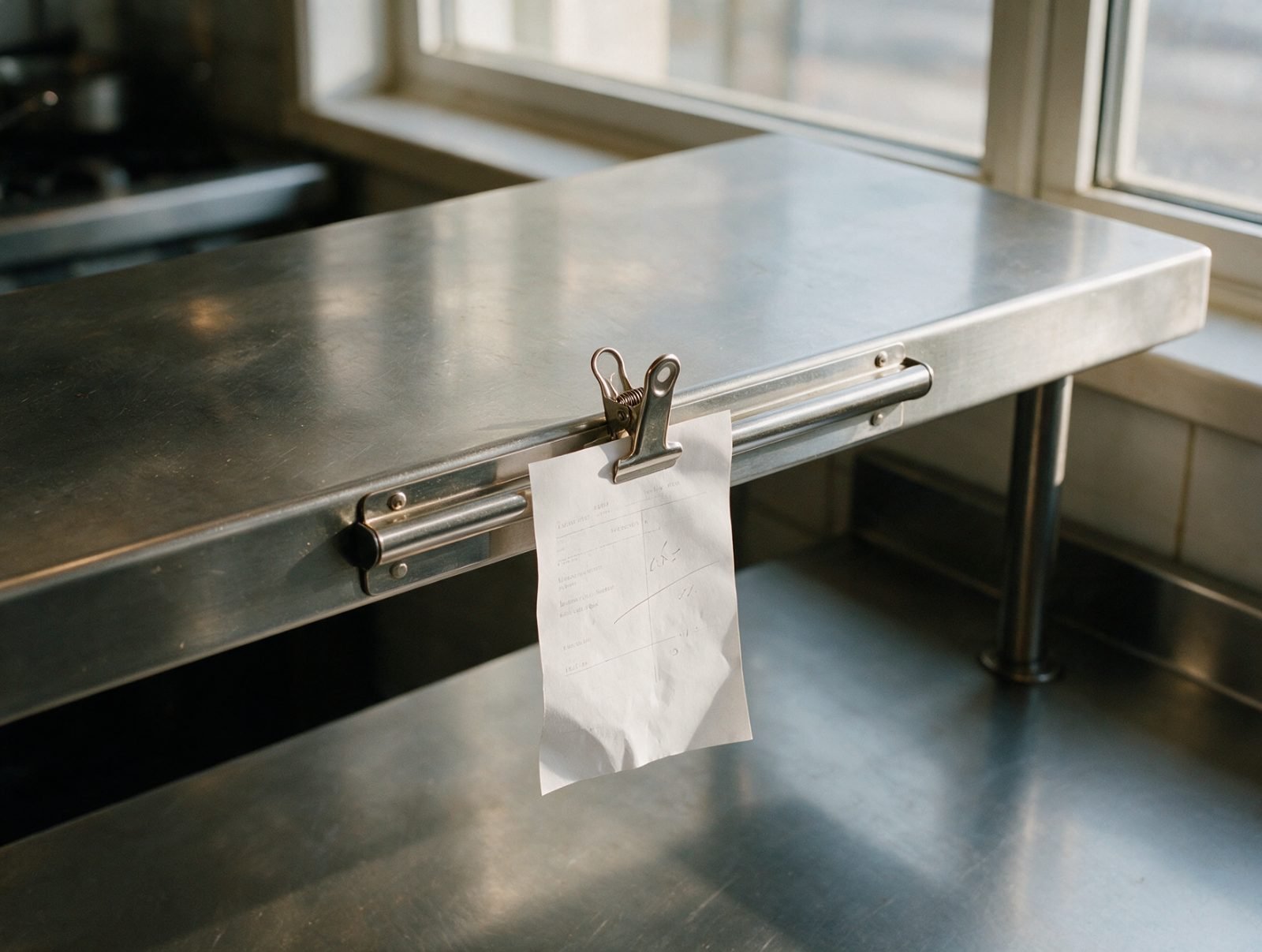 A kitchen pass with a single order ticket