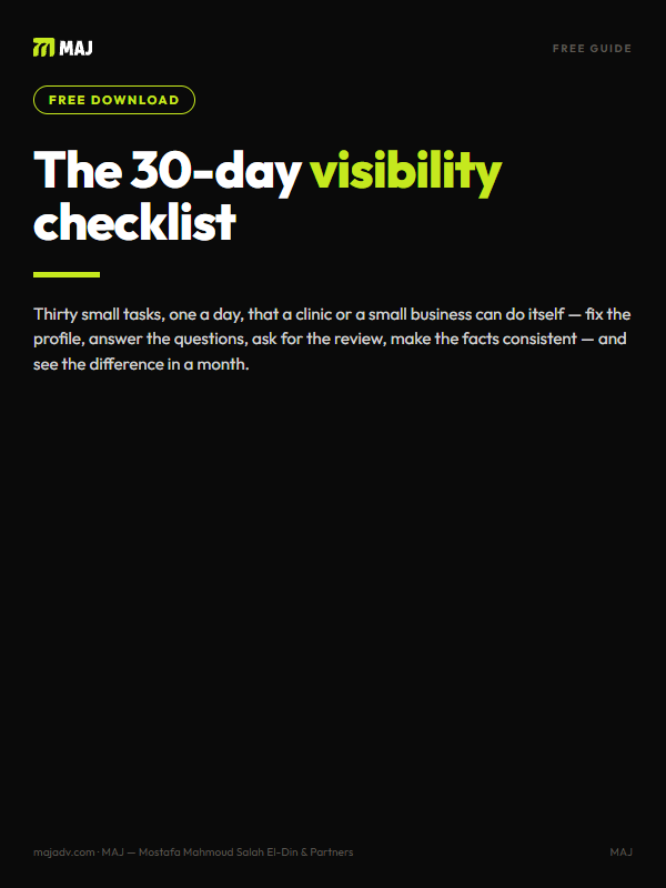 The 30-day visibility checklist: social, search and AI answers. EN cover artwork